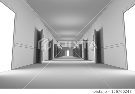 long corridor with doors, interior visualization, 3D illustration 136760248