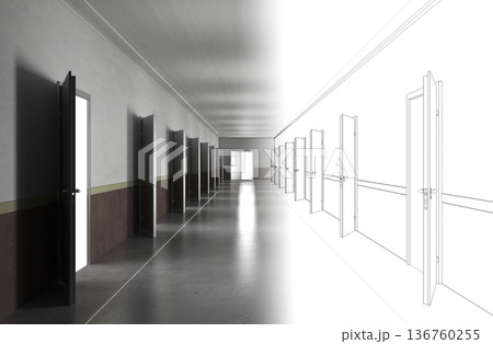 long corridor with doors, interior visualization, 3D illustration 136760255