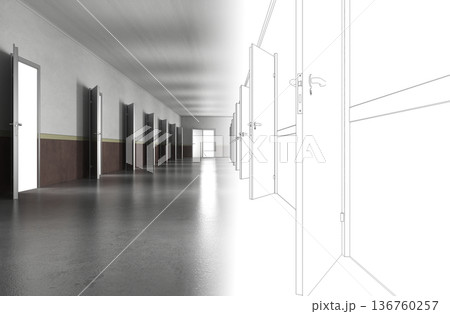 long corridor with doors, interior visualization, 3D illustration 136760257
