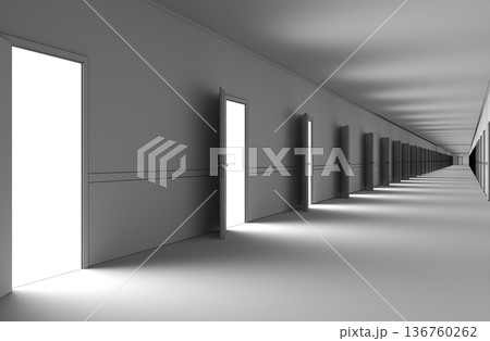 long corridor with doors, interior visualization, 3D illustration 136760262