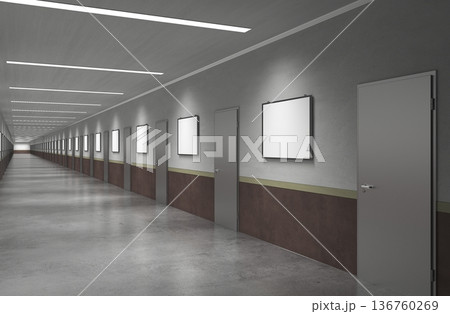 long corridor with doors, interior visualization, 3D illustration 136760269