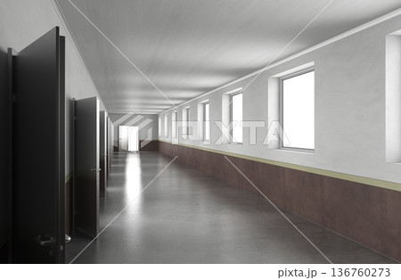 long corridor with doors, interior visualization, 3D illustration long corridor with doors, interior visualization, 3D illustration 136760273
