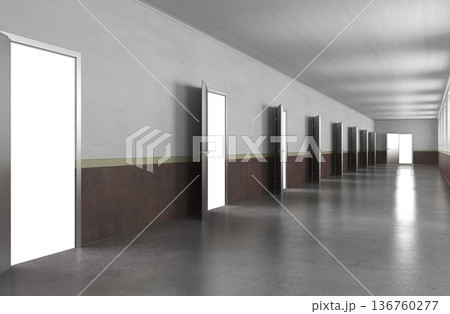long corridor with doors, interior visualization, 3D illustration long corridor with doors, interior visualization, 3D illustration 136760277