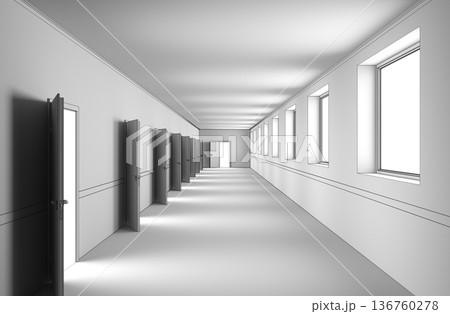 long corridor with doors, interior visualization, 3D illustration long corridor with doors, interior visualization, 3D illustration 136760278