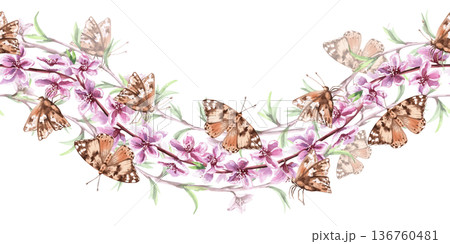 A seamless wave border with blooming peach branches and butterflies. Watercolor illustration for interior design, travel websites, postcards, fabric printing, and packaging. 136760481