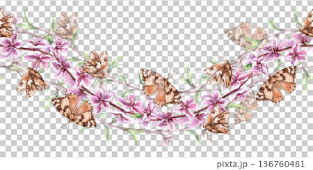 A seamless wave border with blooming peach branches and butterflies. Watercolor illustration for interior design, travel websites, postcards, fabric printing, and packaging. 136760481