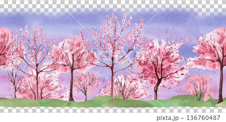 A seamless border with blossoming trees on a grassy background with a lilac sunrise. Watercolor landscape illustration for interior design, travel websites, postcards, fabric printing, and packaging. A seamless border with blossoming trees on a grassy background with a lilac sunrise. Watercolor landscape illustration for interior design, travel websites, postcards, fabric printing, and packaging. 136760487