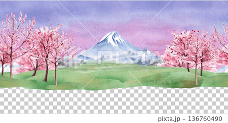 A seamless border featuring Mount Fuji and flowering trees. Watercolor landscape illustration for interior design, travel websites, postcards, fabric printing, and packaging. 136760490