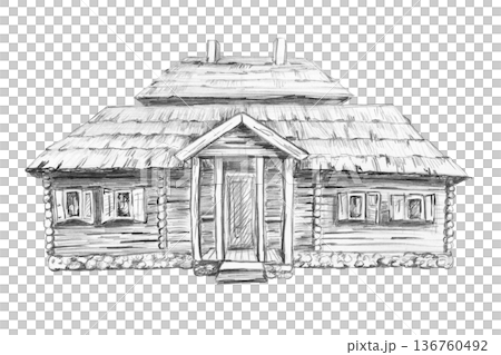 A detailed pencil illustration of a rustic log cabin with a thatched roof. Isolated illustration for country-style branding, real estate marketing, historical images, and travel brochures. 136760492