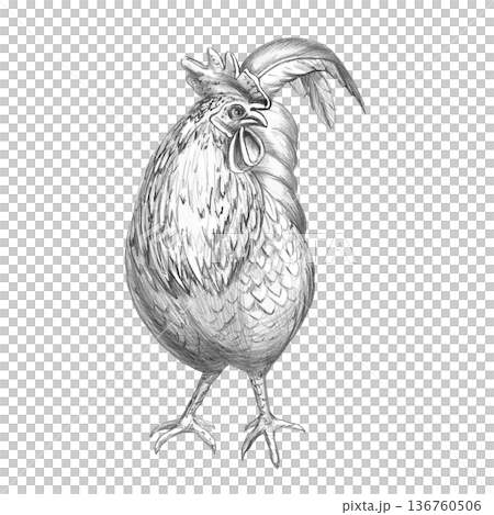 A detailed pencil drawing of a rooster. Isolated illustration for farm-themed designs, culinary branding, and educational materials. Add a touch of rustic charm and a natural artistic style. A detailed pencil drawing of a rooster. Isolated illustration for farm-themed designs, culinary branding, and educational materials. Add a touch of rustic charm and a natural artistic style. 136760506