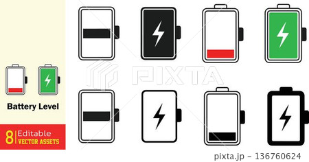 Battery level icons set with various charge states and charging status editable vector assets for design Battery level icons set with various charge states and charging status editable vector assets for design 136760624