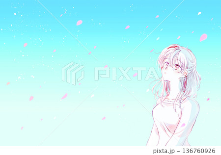 泣いている女性 上半身 桜吹雪 青空 泣いている女性 上半身 桜吹雪 青空 136760926