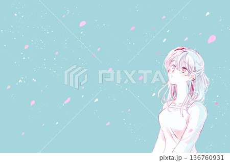 泣いている女性　上半身　桜吹雪 136760931