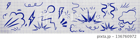 Cartoon line effects icon set. Manga speed elements, movement, burst, sketched motion 136760972