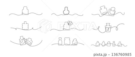 Continuous line perfume bottle. Hand drawn eau de toilette fragrance spray Continuous line perfume bottle. Hand drawn eau de toilette fragrance spray 136760985