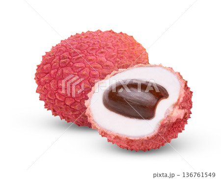 Pink lychee and half of lychee with seed, peeled isolated on white background. 136761549