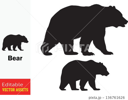 Silhouettes of bears walking in different sizes isolated on transparent background 136761626