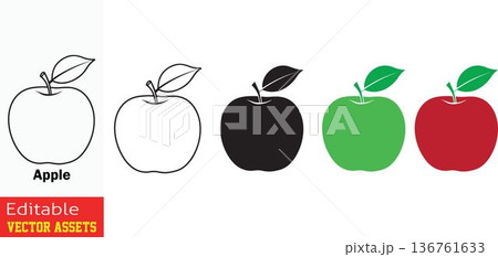 Vector illustration of five apples with different colors and styles on transparent background ending in one final red apple 136761633