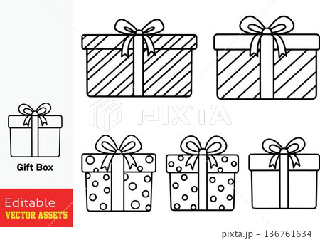 Vector illustration of gift boxes with different patterns and bows isolated on transparent background 136761634