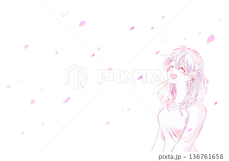 笑顔の女性と桜吹雪 136761658