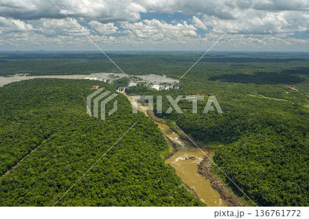 river Aerial view Iguazu falls waterfalls Scenic destination panorama from helicopter tour river Aerial view Iguazu falls waterfalls Scenic destination panorama from helicopter tour 136761772
