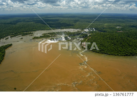 river Aerial view Iguazu falls waterfalls Scenic destination panorama from helicopter tour river Aerial view Iguazu falls waterfalls Scenic destination panorama from helicopter tour 136761777