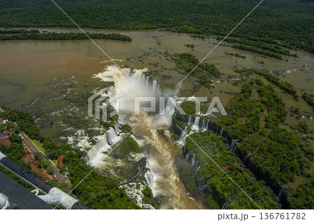 Aerial view Iguazu falls waterfalls Scenic destination panorama from helicopter tour Aerial view Iguazu falls waterfalls Scenic destination panorama from helicopter tour 136761782