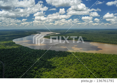 river Aerial view Iguazu falls waterfalls Scenic destination panorama from helicopter tour river Aerial view Iguazu falls waterfalls Scenic destination panorama from helicopter tour 136761791