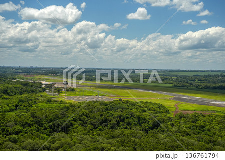 Foz do Iguacu brazil airport Aerial view Iguazu falls waterfalls Scenic destination panorama from helicopter tour Foz do Iguacu brazil airport Aerial view Iguazu falls waterfalls Scenic destination panorama from helicopter tour 136761794