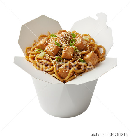 Healthy serving of delicious tofu noodles in a classic paper takeout box, perfect for asian cuisine, vegan recipes, and quick meal concepts 136761815