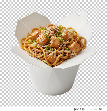 Healthy serving of delicious tofu noodles in a classic paper takeout box, perfect for asian cuisine, vegan recipes, and quick meal concepts 136761815