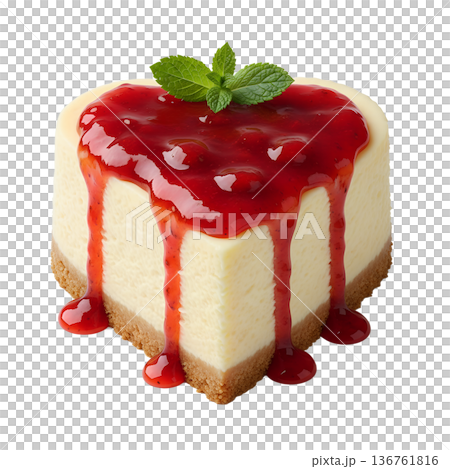Delicious heart-shaped cheesecake drizzled with strawberry sauce and garnished with fresh mint leaves, perfect for valentine's day desserts 136761816