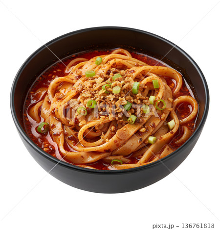 Delicious bowl of spicy dan dan noodles with ground pork, crushed peanuts, and fresh green onions, perfect for sichuan cuisine and asian food concepts Delicious bowl of spicy dan dan noodles with ground pork, crushed peanuts, and fresh green onions, perfect for sichuan cuisine and asian food concepts 136761818