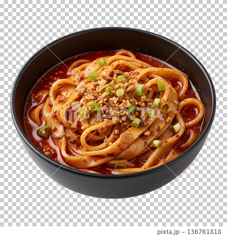Delicious bowl of spicy dan dan noodles with ground pork, crushed peanuts, and fresh green onions, perfect for sichuan cuisine and asian food concepts Delicious bowl of spicy dan dan noodles with ground pork, crushed peanuts, and fresh green onions, perfect for sichuan cuisine and asian food concepts 136761818