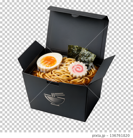 Delicious serving of ramen in a stylish black takeout box, topped with a soft-boiled egg and classic narutomaki fish cake swirls, isolated for food concepts 136761820