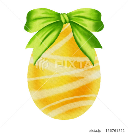 Watercolor illustration of an Easter egg with a silk bow. Happy Easter. Perfect for spring holidays, greeting cards, seasonal decor, packaging, and textiles. Watercolor illustration of an Easter egg with a silk bow. Happy Easter. Perfect for spring holidays, greeting cards, seasonal decor, packaging, and textiles. 136761821