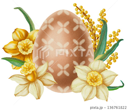 Watercolor illustration of an Easter egg surrounded by spring flowers tulips, daffodils, and mimosa. Happy Easter. Perfect for spring holidays, greeting cards, seasonal decor, packaging, and textiles Watercolor illustration of an Easter egg surrounded by spring flowers tulips, daffodils, and mimosa. Happy Easter. Perfect for spring holidays, greeting cards, seasonal decor, packaging, and textiles 136761822