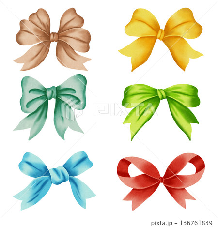 Set of hand-drawn watercolor bows in vibrant colors. Perfect for nursery themes, gift wrapping, greeting cards, invitations, and spring or holiday decor. Set of hand-drawn watercolor bows in vibrant colors. Perfect for nursery themes, gift wrapping, greeting cards, invitations, and spring or holiday decor. 136761839
