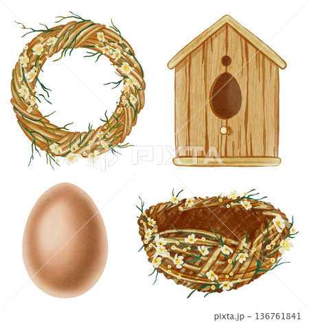 Watercolor Easter set featuring a birdhouse, wreath, nest, and egg. Hand-drawn rustic spring elements. Perfect for holiday cards, decor, scrapbooking, and packaging. Watercolor Easter set featuring a birdhouse, wreath, nest, and egg. Hand-drawn rustic spring elements. Perfect for holiday cards, decor, scrapbooking, and packaging. 136761841