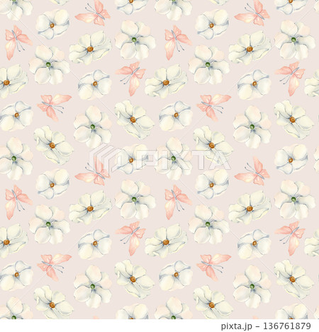 Elegant seamless pattern with white cosmos flowers and soft pink butterflies isolated. Background for stationery, packaging and home textile. Feminine monochrome botanical repeat with butterfly. Elegant seamless pattern with white cosmos flowers and soft pink butterflies isolated. Background for stationery, packaging and home textile. Feminine monochrome botanical repeat with butterfly. 136761879