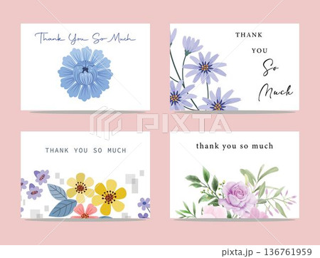 collection of white greeting cards with floral designs and thank you message on soft pink background collection of white greeting cards with floral designs and thank you message on soft pink background 136761959