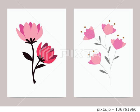 Two floral illustrations with pink flowers and leaves on white background graphic design elements for various uses Two floral illustrations with pink flowers and leaves on white background graphic design elements for various uses 136761960