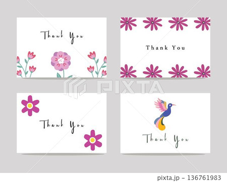 thank you greeting cards with floral and bird designs for appreciation and acknowledgement on grey background 136761983