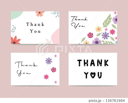 set of thank you cards with floral designs and various typography styles on isolated background 136761984