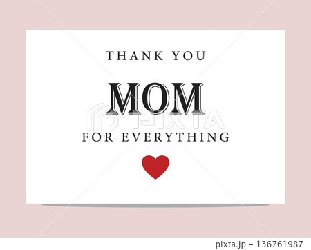 thankyou message for mom with heart symbol on greeting card with soft pink background 136761987