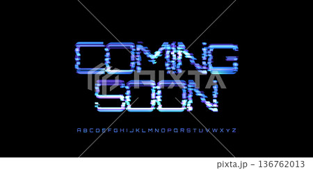 Coming Soon Banner for Digital Conference, Techno Product Launch, Digital Transformation Business Open. Futuristic Glitch Alphabet Logo Font. Video Game Abstract Typography. Vector Illustration 136762013