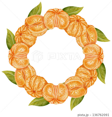 Mandarin Orange and Leaf Wreath. Watercolor illustration of a circular wreath featuring peeled and unpeeled mandarins. Perfect for New Year's designs, packaging, menus, branding, and food packaging Mandarin Orange and Leaf Wreath. Watercolor illustration of a circular wreath featuring peeled and unpeeled mandarins. Perfect for New Year's designs, packaging, menus, branding, and food packaging 136762091