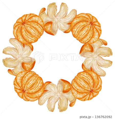 Mandarin Orange and Leaf Wreath. Watercolor illustration of a circular wreath featuring peeled and unpeeled mandarins. Perfect for New Year's designs, packaging, menus, branding, and food packaging Mandarin Orange and Leaf Wreath. Watercolor illustration of a circular wreath featuring peeled and unpeeled mandarins. Perfect for New Year's designs, packaging, menus, branding, and food packaging 136762092