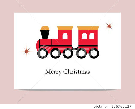 christmas train graphic with red locomotive and carriages on white background with merry christmas text and festive stars christmas train graphic with red locomotive and carriages on white background with merry christmas text and festive stars 136762127