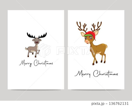 christmas greeting cards with cartoon reindeer illustrations and merry christmas text on isolated white background 136762131